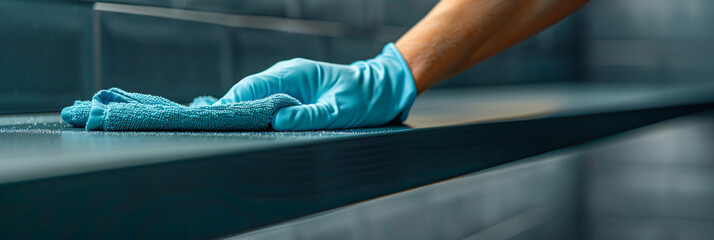 Person cleaning with yellow rubber gloves using a microfiber cloth for dusting and disinfecting surfaces, ideal for promoting cleaning services, hygiene products, and home maintenance tasks