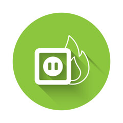 White Electric wiring of socket in fire icon isolated with long shadow background. Electrical safety concept. Plug outlet on fire. Green circle button. Vector