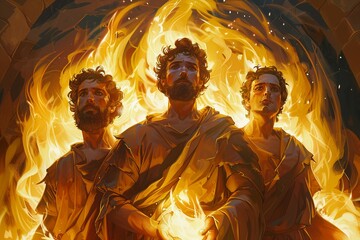 In a heartwarming cartoon scene, Shadrach, Meshach, and Abednego find solace and comfort in each other's company amidst the flames of the fiery furnace. Together, they stand united, offering support 