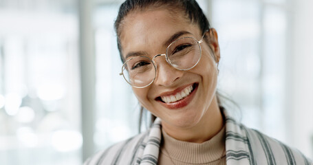 Business woman, face and office with a writer and a smile at creative agency ready for work....