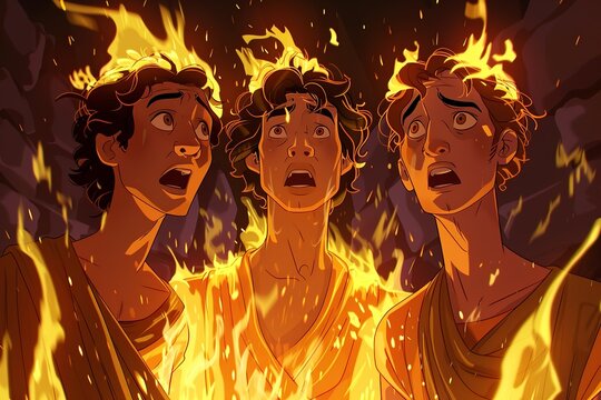 In a heartwarming cartoon scene, Shadrach, Meshach, and Abednego find solace and comfort in each other's company amidst the flames of the fiery furnace. Together, they stand united, offering support 