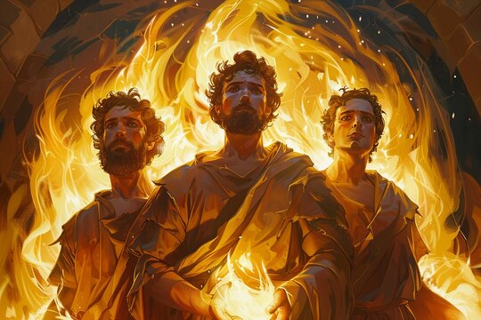 In a heartwarming cartoon scene, Shadrach, Meshach, and Abednego find solace and comfort in each other's company amidst the flames of the fiery furnace. Together, they stand united, offering support 