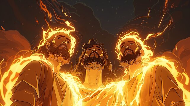 In a heartwarming cartoon scene, Shadrach, Meshach, and Abednego find solace and comfort in each other's company amidst the flames of the fiery furnace. Together, they stand united, offering support 