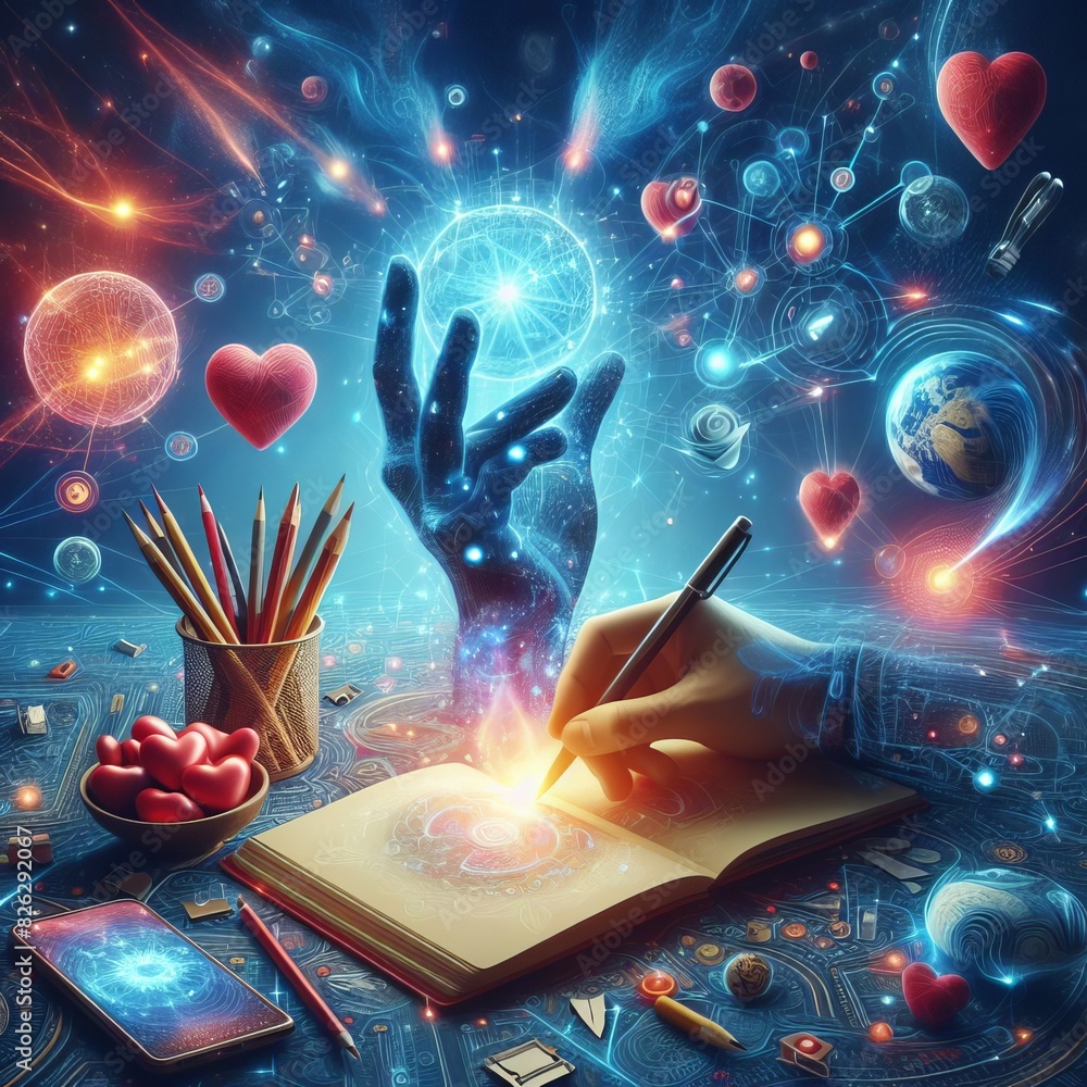 Poster artistic depiction of a hand drawing with a glowing pen in a cosmic environment filled with hearts a