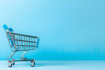 shopping cart with copy space blue background, useful place for text add to cart online store advertising 