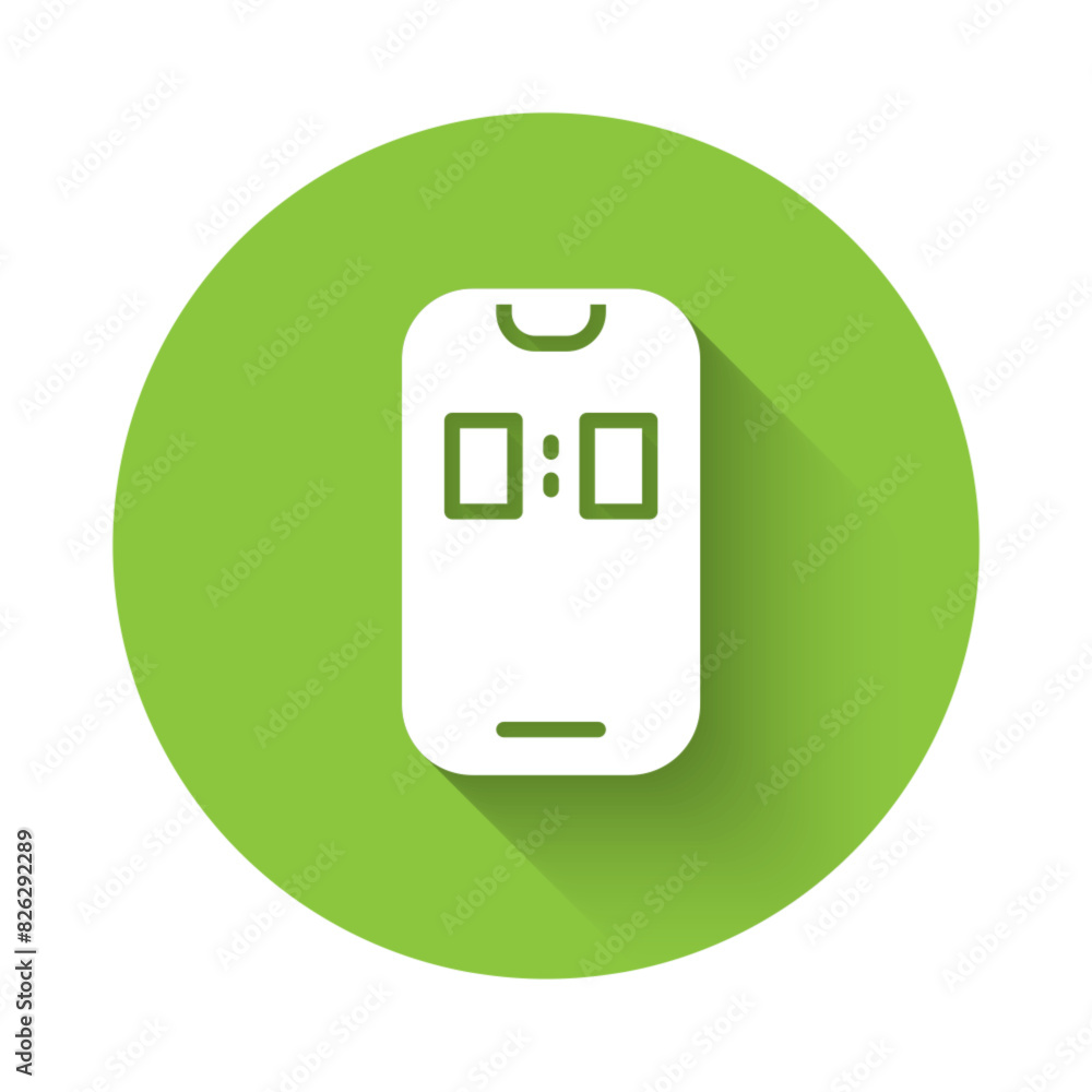 Poster white alarm clock app smartphone interface icon isolated with long shadow background. green circle b