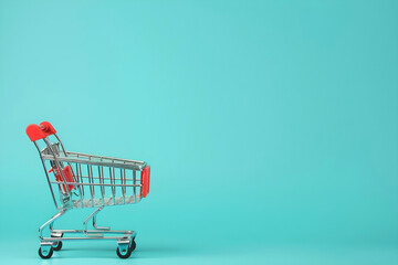 empty shopping cart on a blue background, copy space and place for text to make market advertising banner to promote online sale, shopping 