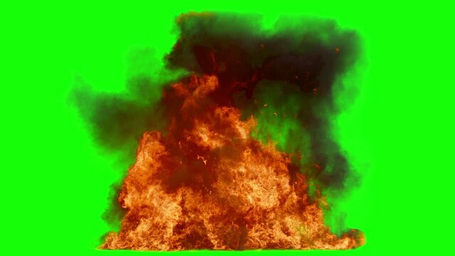 giant fire on green background. oil fire on green screen. fire with big flames isolated. visual effect of a realistic fire