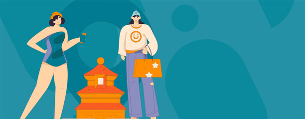 Holiday travel travel characters internet background vector hand drawn illustration
