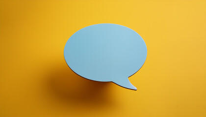 Minimal blue speech chat bubble on yellow background. Social media messages, online communication.