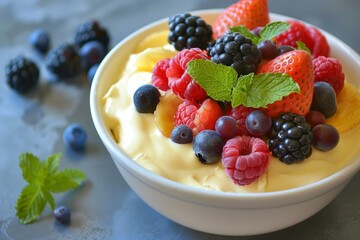 Colorful bowl of mixed berries and fruit with yogurt garnished with mint, ideal for a healthy breakfast