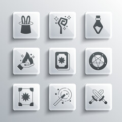 Set Magic wand, Crossed medieval sword, Pentagram in circle, Tarot cards, Ancient magic book, Hand holding fire, Magician hat rabbit ears and Bottle with potion icon. Vector