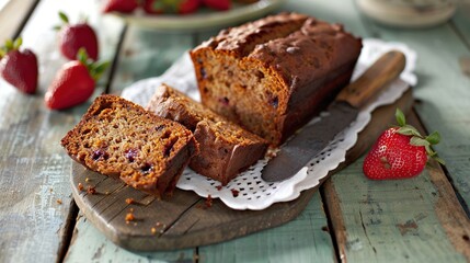   A fruit bread loaf sits atop a wooden board beside a knife and a bowl of strawberries