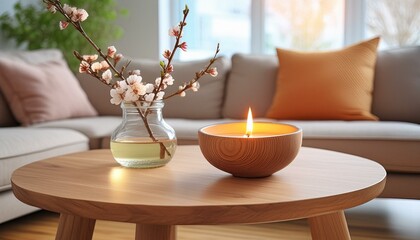 Modern Scandinavian Interior: Wooden Coffee Table with Candle and Vase"
