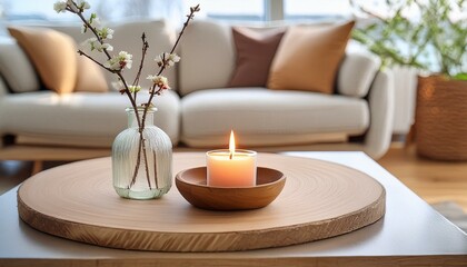 Modern Scandinavian Interior: Wooden Coffee Table with Candle and Vase"