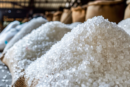 Close-up view of bags and piles of saltpeter