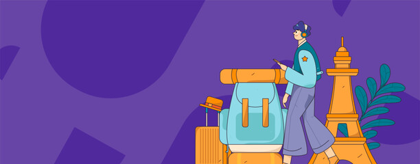 Naklejka premium Holiday travel travel characters internet background vector hand drawn illustration 