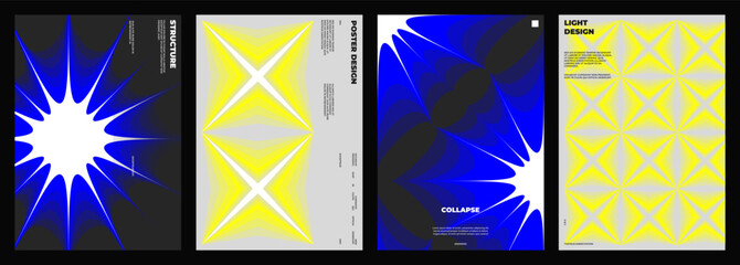 Set of four posters design. Vertical A4 format. Vector banner with neon illustration. Vector yellow and blue light abstract art.
