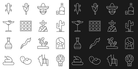 Set line Mexican skull, wrestler, Cactus, man sombrero, Chocolate bar, Margarita cocktail, Lizard and icon. Vector