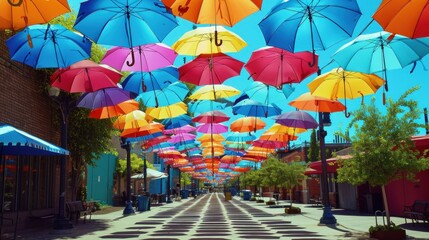 Rows of colorful hanging umbrellas above a street sidewalk with tall trees. Red, yellow, blue,...