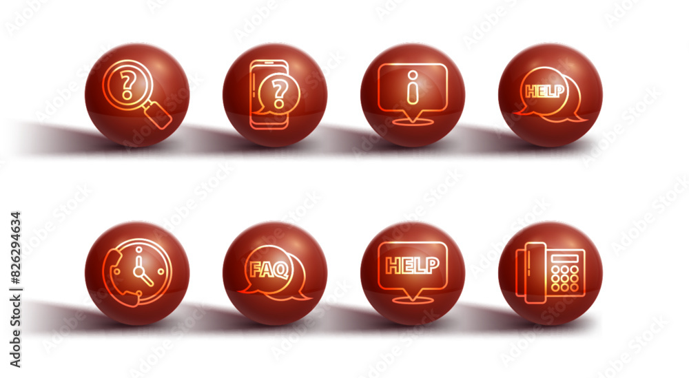 Aufkleber set line unknown search, telephone 24 hours support, speech bubble with text help, faq, mobile quest