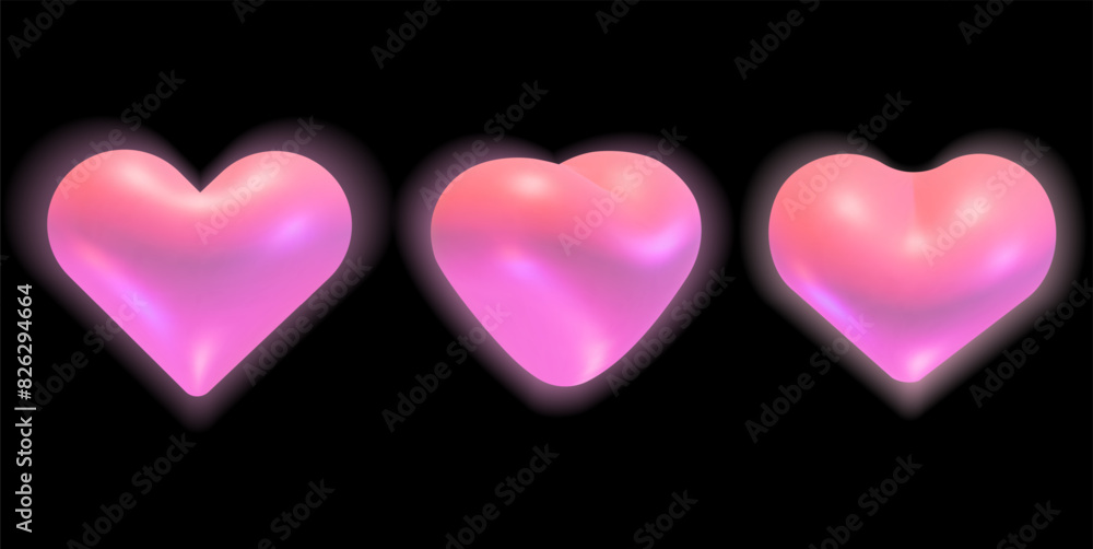Poster 3d hearts set. holographic shiny hearts with a soft glow various rotation positions collection isola