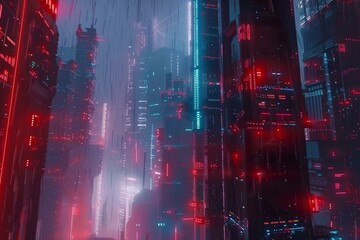 Futuristic city at night bathed in neon lights under a rain, depicting cyberpunk aesthetics