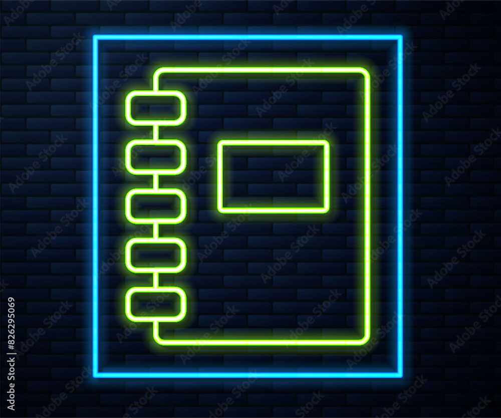 Poster glowing neon line notebook icon isolated on brick wall background. spiral notepad icon. school noteb