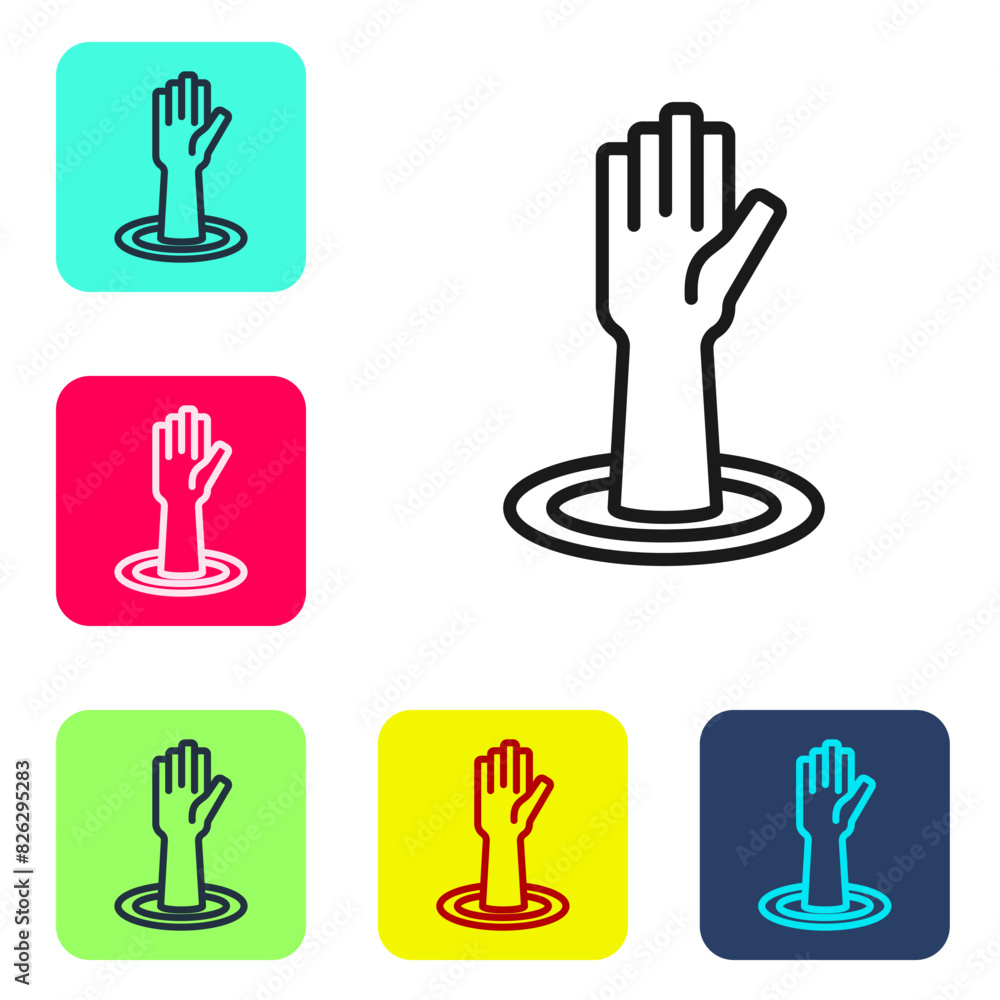 Poster black line helping hand icon isolated on white background. set icons in color square buttons. vector