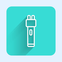 White line Police electric shocker icon isolated with long shadow background. Shocker for protection. Taser is an electric weapon. Green square button. Vector