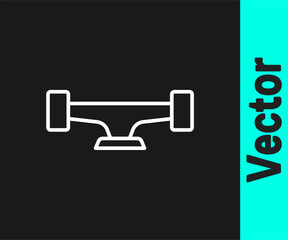 White line Skateboard wheel icon isolated on black background. Skateboard suspension. Skate wheel. Vector