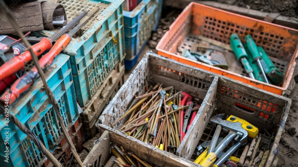 Poster crates of supplies and tools tered around the site ready to be used for the days work.