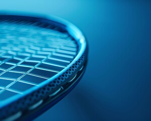 Close-up of a blue tennis racket against a blue background.