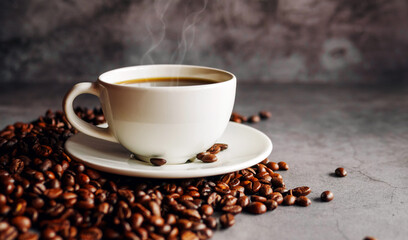 Coffee cup and coffee beans on  gray background, Black coffee cup aromatic