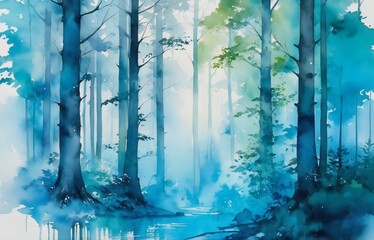 A watercolor painting of a lush forest, rendered against a pristine white background. The delicate brushstrokes and vibrant greens bring the natural beauty and tranquility of the forest to life.