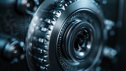 Fototapeta premium Close-up of intricate metal gears, showcasing precision engineering and mechanical complexity.