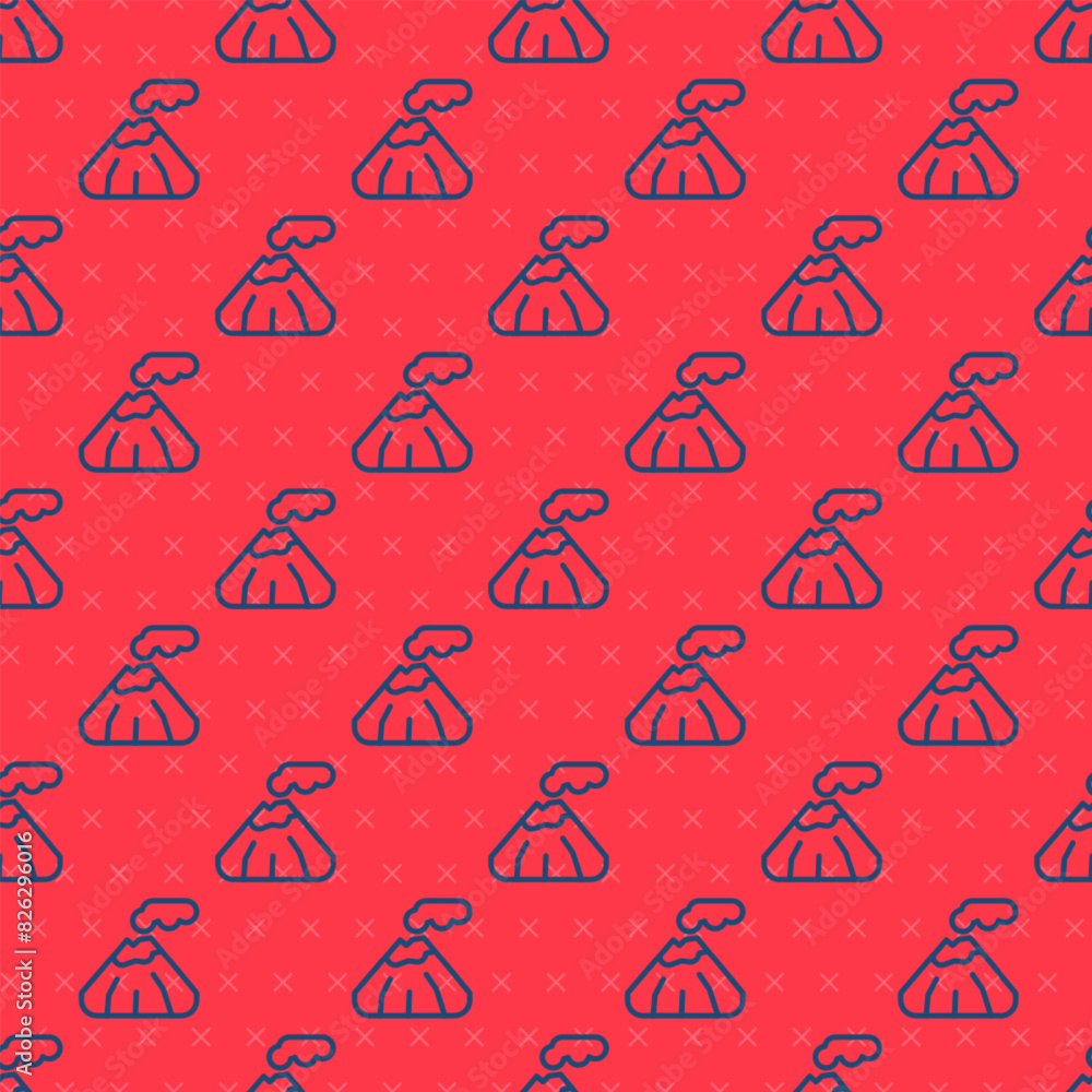 Poster blue line volcano icon isolated seamless pattern on red background. vector