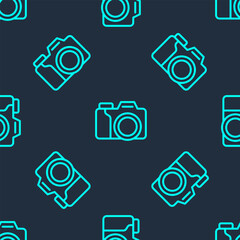 Green line Photo camera icon isolated seamless pattern on blue background. Foto camera. Digital photography. Vector