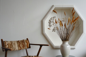 Vintage hexagonal white niche a ceramic vase of dry plants and retro furniture blending style seamlessly.