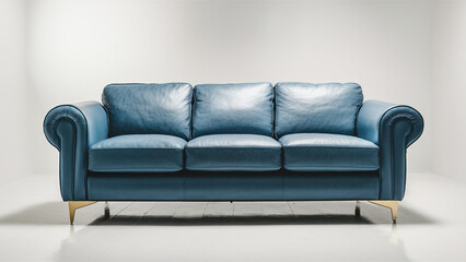 Fototapeta premium A welcoming sky blue leather sofa with stylish rolled arms and gleaming gold feet, displayed against a simple white backdrop. 