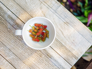 Top view of fresh ripe mulberries fruit, Ripe red mulberries