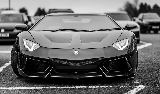 front view of Italian sport car Lamborghini black and white image