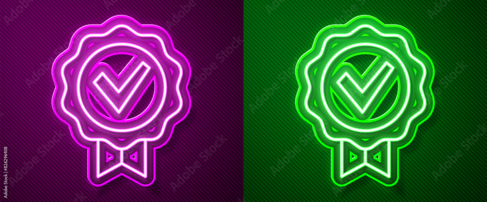 Poster glowing neon line approved or certified medal and check mark icon isolated on purple and green backg