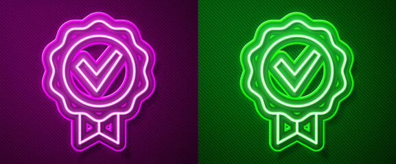 Glowing neon line Approved or certified medal and check mark icon isolated on purple and green background. Vector