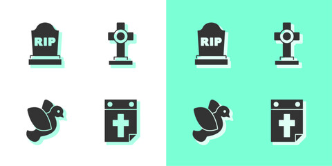 Set Calendar death, Tombstone with RIP written, Dove and Grave cross icon. Vector
