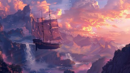 A vintage sailing ship flying in air above clouds. Fantasy wallpaper.