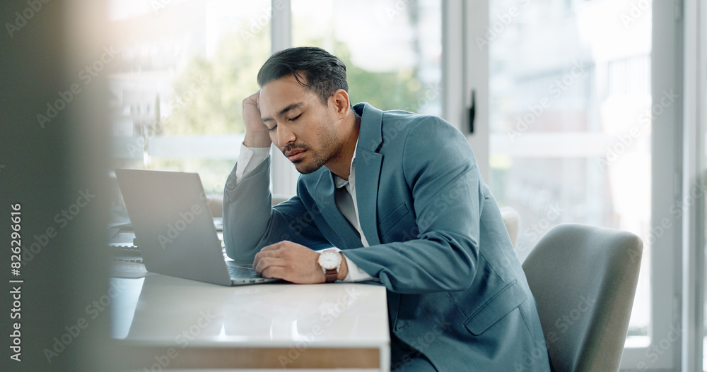 Poster tired, sleeping and business man on computer with deadline, report and bad time management at office