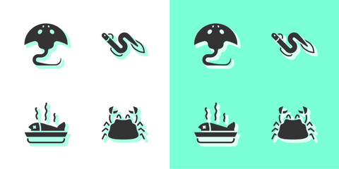 Set Crab, Stingray, Served fish on plate and Eel icon. Vector