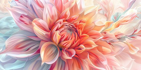Fototapeta premium Dahlia. Peach purple color border frame with copy space. It serves as a branding mock up, represents. Holiday marketing concept. Dahlias explosion of abstract flowers, bloom watercolor textures petals