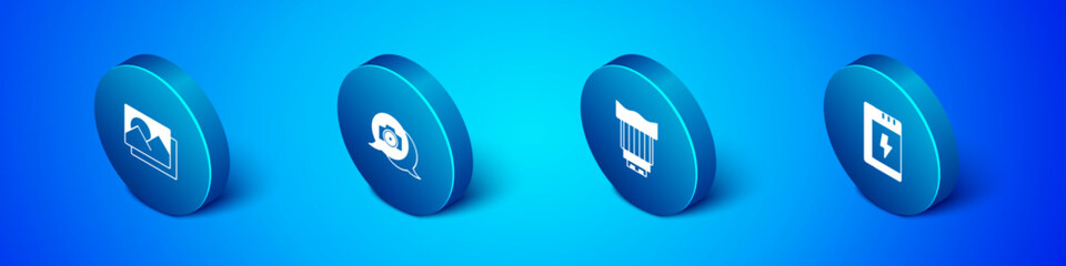 Set Isometric Photo frame, Camera photo lens, Battery for camera and icon. Vector